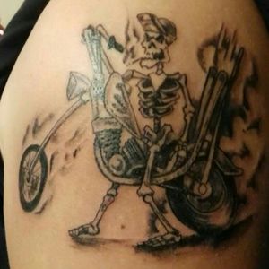 Start of left arm, skulls and motorcycles theme