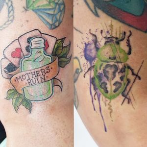Knee area, both on same client. #mothersruin #gin #neotraditional #watercolour #beetle #abstracttattoo 