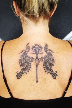 Wings and sword for this angel. #hennaart #hennatattoo #sword #wingstattoo #patterntattoo #styledrealism #tattooartist #tattooideas #spiritual #powerfultattoo #fierce #archangelmichael #blackandgreytattoo #blackworktattoo 
