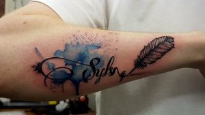 #writingtattoo #watercolortattoo #watercolor #quill #feather #calligraphy #calligraphytattoo 