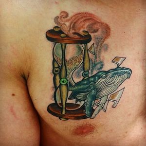 It's a whale of a time #surrealism #whaletattoos #hourglasstattoo #color #chestpiece 