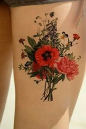 Flowers: red rose, daisy, fuchsia, pansy, protea