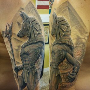 #Anubis emerges from the #stargate near the #greatpyramids in Wade's #firsttattoo in #blackandgrey. There is certainly a full #sleeve to come! #strancitattooandpiercing #clevelandtattooers