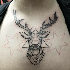 Stag on the chest in between already existing stars! #blackandgreytattoo #blackworktattoo #blackworkerssubmission #blackworkers #darkartists #chicagoartist #ladytattooers #linework #dotwork #handpoke #ornamental #decorative #stag #chest #chesttattoo #deer #chicagostars