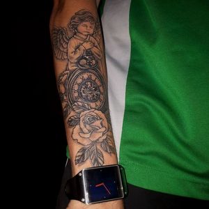 Angel rose pocket watch combination tattoo 
