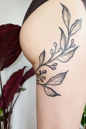 7th and most recent tattoo, healed. Made by Rouquiquine a French tatoo artist based in Paris (Regards Noirs) . #berries #leaves #leg #butt #black #blacktattoo 