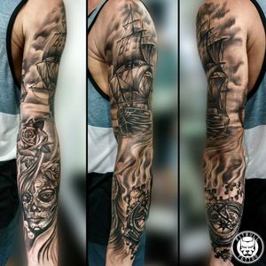 Full Arm Sleeve Realistic#fullsleeve #fullarm #fullArmSleeve #tattoooftheday #realistic #realism #shiptattoo #rosetattoo 