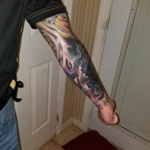 Space themed sleeve with spaceship, UFO, black hole, nebula, Saturn, and other items. This sleeve is currently unfinished and under construction. 