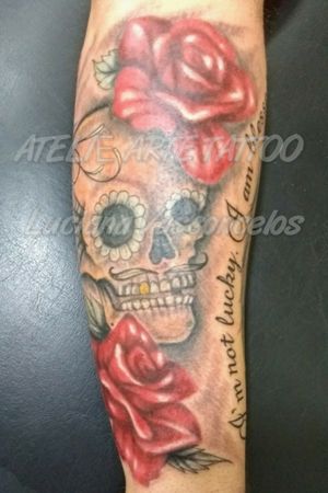 Not Lucky Blessed Skull Caveira Roses Rosas Tattoo