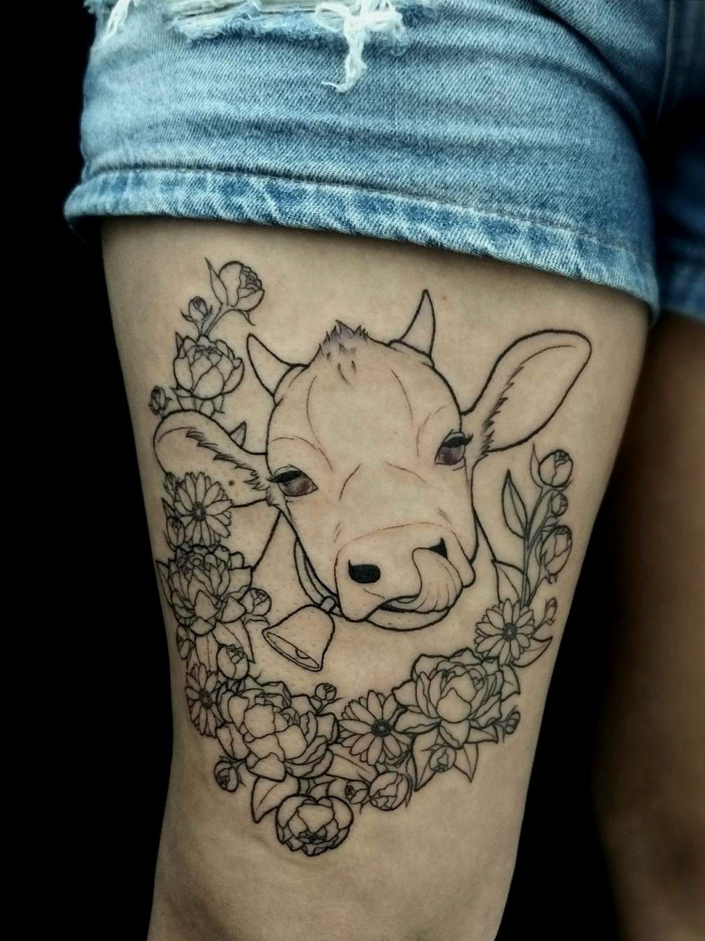 Cow With Daisy Flower Tattoo On Arm
