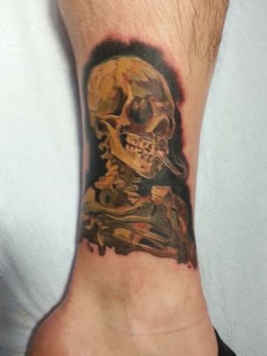 Skeleton with Smoking Cigarette (Van Gogh) done by John Lally