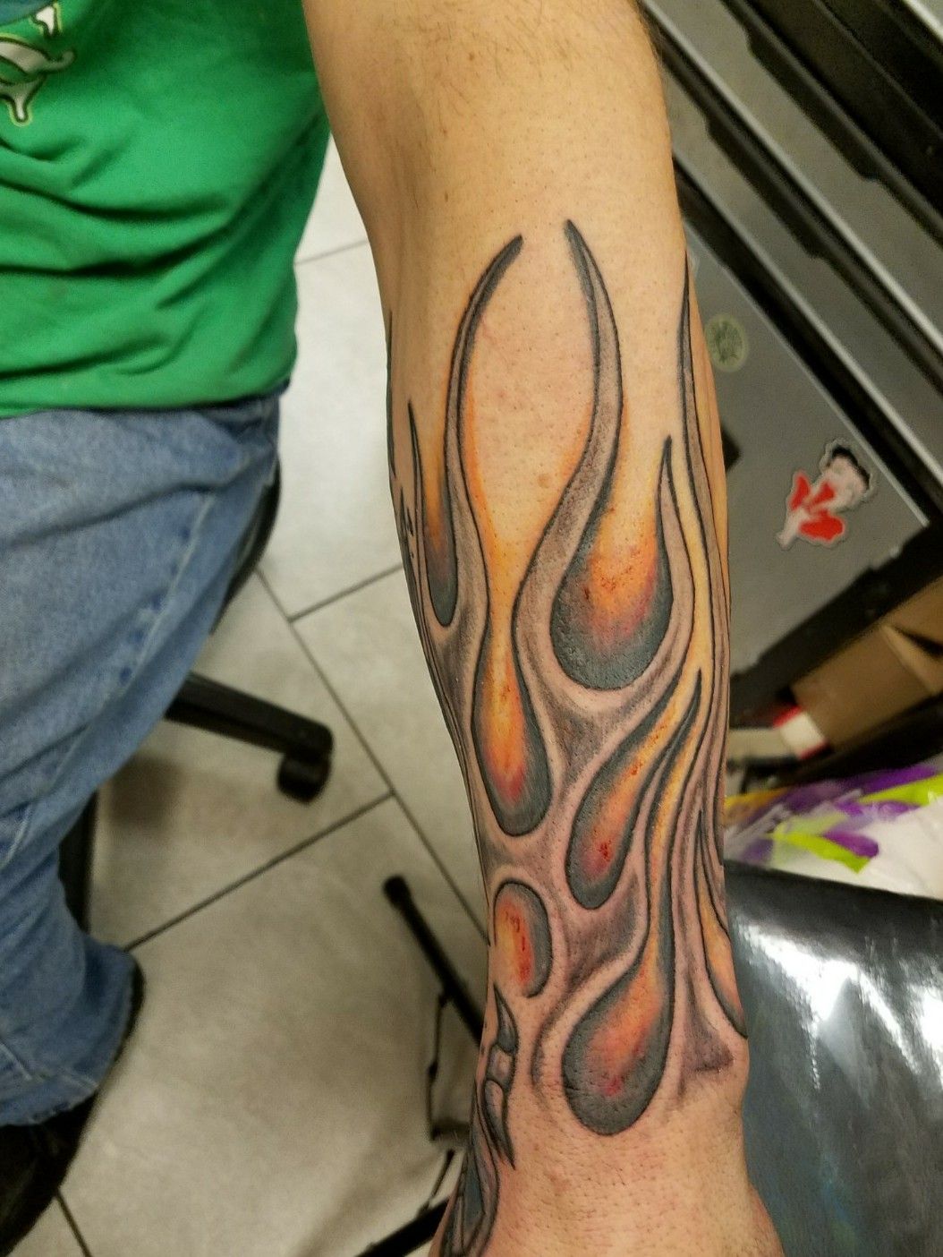 Skull with Flames on Guys Calf