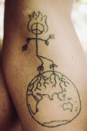 #customdesign #globe #dancingman #peace #tree #dotwork #stickandpoke #BlackworkTattoos #blackwork #handpoke
