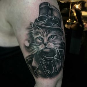 #steampunk kitty tattoo by Casi Worrall Heart & Arrow Tattoo Studio #cattattoos #vintagetattoo #kittycat 