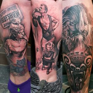 Freak show leg sleeve by Joe K Worrall Heart & Arrow Tattoo Studio #blackandgrey #freakshow #sideshow #vintagetattoo #horrorart #humanoddities #victoriantattoo #legsleeve #legtattoo 