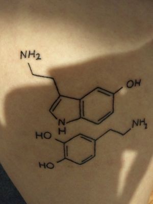 My tattoo, upper thigh placement, serotonin on top and dopamine on bottom, in school to be a neurologist