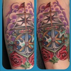 Left Inner Bicep Artist: Jason Young #anchortattoo #anchor  #anchorwithflowers  #roses  #RoseTattoos #shipswheel #shipsmast #colortattoo #water 