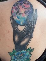 "Labyrinth" movie inspired tattoo. Text reads "You have no power over me". Depicyed is a hand holding a glass ball with galaxy-like colors.
