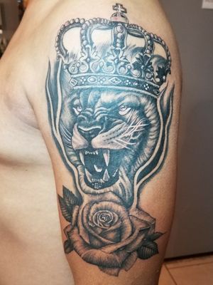 Crown +Lion +rose tattoo i did on my clients left arm