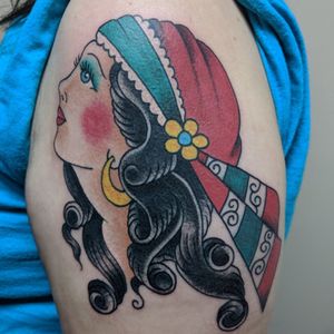 Done by Ty Brennan at Legacy Tattoo CO in Scotia NY Ed Hardy flash design #woman #ladyhead #edhardy #italian 