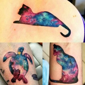 Galactic animals space kitty and space turtle tattoos