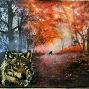 Original wolf oil painting
