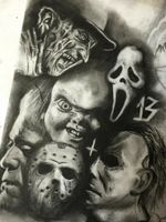 #horrorart #horror #FreddyKrueger #JasonVoorhees #chucky #michaelmyers #scream #frankenstein #13 #blackandgrey #canvasart ##