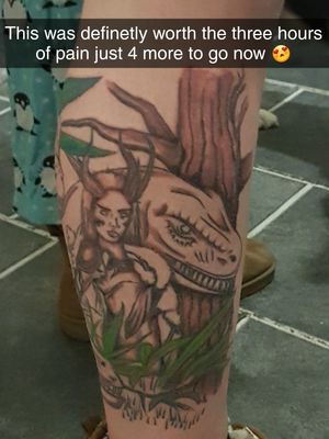 Part of the way done there are another two dinosaurs around the back of my calf one of my favourites 