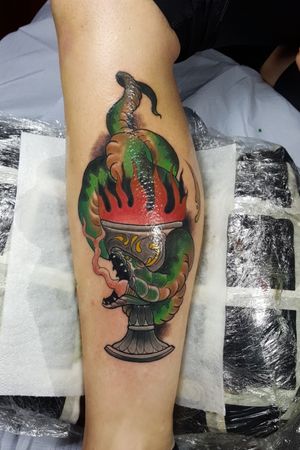 Neo-traditional snake and chalice.#neotraditionaltattoo #neotraditionaltattoo #snaketattoo 