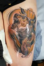 Neo-traditional bear and fish. #neotraditional #beartattoo