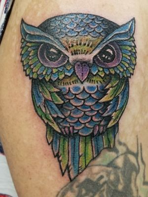 A cool cover up I did! there's a name in there somewhere but it's gone now! haha #CoverUpTattoos #coverup #fullcolor #owltattoos #owltattoo #funtattoos #newschooltattoo #menstattoo #like4like 
