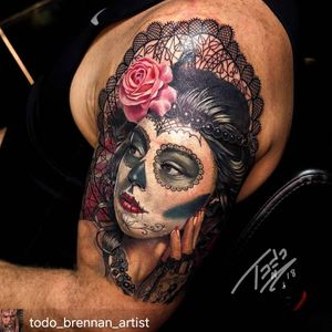 Lace Day of the Dead girl. #realismtattoo #realism #portraittattoo #portrait 