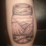 -TAKE-ME-HOME-Mason Jar Tattoo with a nature setting. Made it on a friend of mine. #mason #masonjar #mashup #jar #tattooapprentice  #BlackworkTattoos  #blackworktattoo #blackwork #dotwork #lake #mountains #mountain #nature 