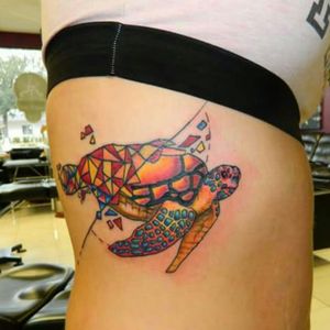 Beautiful custom geo turtle by resident artist Brittany#tattoo #color #colortattoo #custom #customtattoo #Sacredskinstudios #geometrictattoo #turtletattoo 