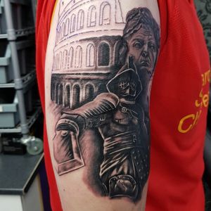 Incomplete but not bad for first session on this gladiator roman themed sleeve #phoenixblaze #gladiator #gladiatortattoo #romantattoo #romantheme #realism #greywash #blackwork #bng #rome 
