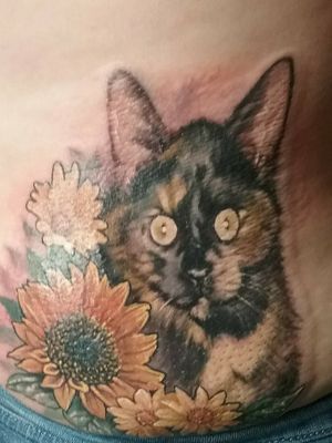 #pettattoo #cat #calico #cattattoo #flowers #sunflower #daisy #fullcolor #memorial #portraitartist #petmemorial 