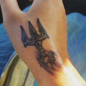Trishul tattoo . Eternal shaktis tattoo#linework #blackandgrey #trishul  #handtattoo #dotwork 