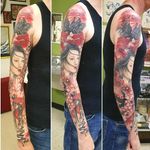 Full sleeve trash polka by Christina Haller at Big Bear Tattoo. #fullsleeve #colortattoo #color #trashpolkatattoo #trashpolka #abstracttattoo #geisha #floraltattoo #blackandredtattoo 