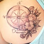 Shoulder dotwork compass by Christina Haller at Big Bear Tattoo. #dotworktattoo #dotwork #blackandgreytattoo #blackandgrey #compass #compasstattoo #floraltattoo #floral #cutetattoo #cutetattoos 