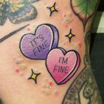 On the outside of an elbow by Christina Haller at Big Bear Tattoo #tattoo #tattoos #colortattoo #traditionaltattoo #traditionaltattoos #conversationhearts #cute #cutetattoo #cutetattoos #neotraditionaltattoo #neotraditional 