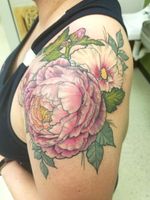 Floral shoulder cap done by Christina Haller at Big Bear Tattoo #floral #floraltattoo #flowers #flowertattoo #shoulder #shouldertattoo #color #colortattoo #shouldercap #peony #peonytattoo 