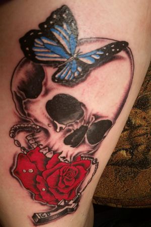 Dope Color Piece Done By Eric Alden At Dragons Den In Hudson Falls, NY #skull #roses #butterfly #realism 