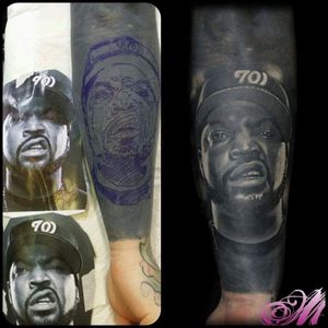 Cover up. Ice cube.Tattooed on black out arm. 