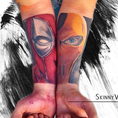 #Deadpool #deadpool #deadpooltattoo #deadpoolportrait #MarvelTattoos #MarvelTattoo #marvel #tattooist #deathstroke #DeathstrokeTattoos #DeathstrokeTattoo #dccomics #DCTattoos #dcuniverse #comic #comictattoo #deadpoolmovie #inked inkedup #color #colortattoo #skinnyvitatts #