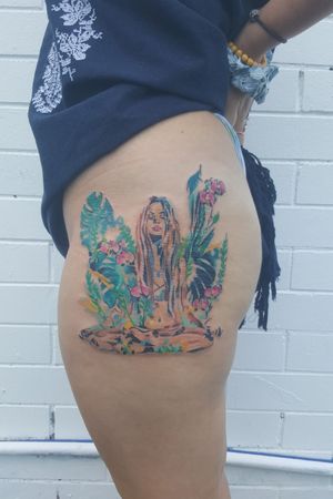 Artwork by Hannah Adamaszek, tattoo by me. #watercolortattoos #bohemian #meditation #serenity #illustrative #ladytattooers #prettyink 