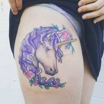 Magical unicorn tattoo. #unicorntattoo #fantasytattoo #whimsical #watercolortattoos #pastelcolor #ladytattooers 