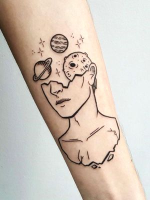 Broken bust with planets.#linework #planets #minimal #bust #head #forearmtattoo 