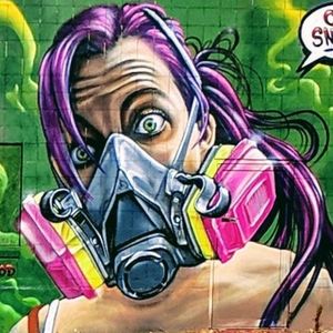 "Oh Snap!" #denver #colorado #streetart #graffiti #gasmask #purplehair #greeneyes #walking #snap #oh 