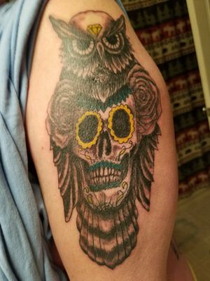 Sugar skull owl done by taylor akers at The Other Guy's Tattoo Shop 