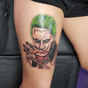 First sitting on Jared Leto's Joker #phoenixblazetattoos @phoenixblazetattoos #tattoo #thejoker #joker #jaredletotattoo #jaredleto #hahaha #damaged #dc #dccomics #dccomicstattoo #portrait #comic #suicidesquad #harleyquinn #harleyquin #greenhair #blueeyes #girlswithttattoos #inked